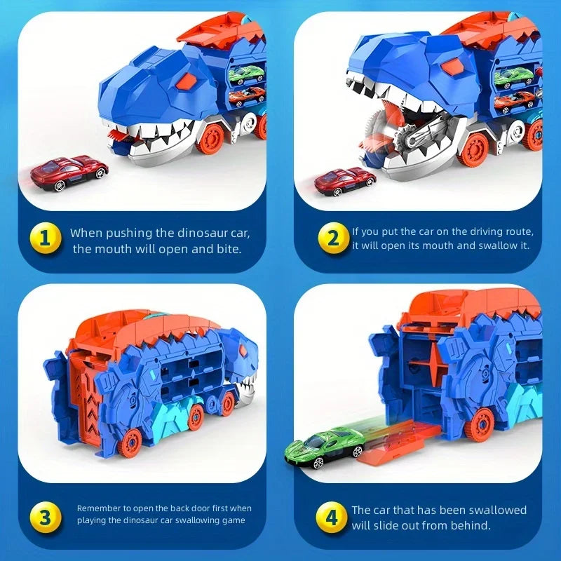 Transport Dinosaur Truck with Foldable Sliding Race Track Transforms into Standing T-rex Best Birthday Gifts Toys Boys Girls Kid