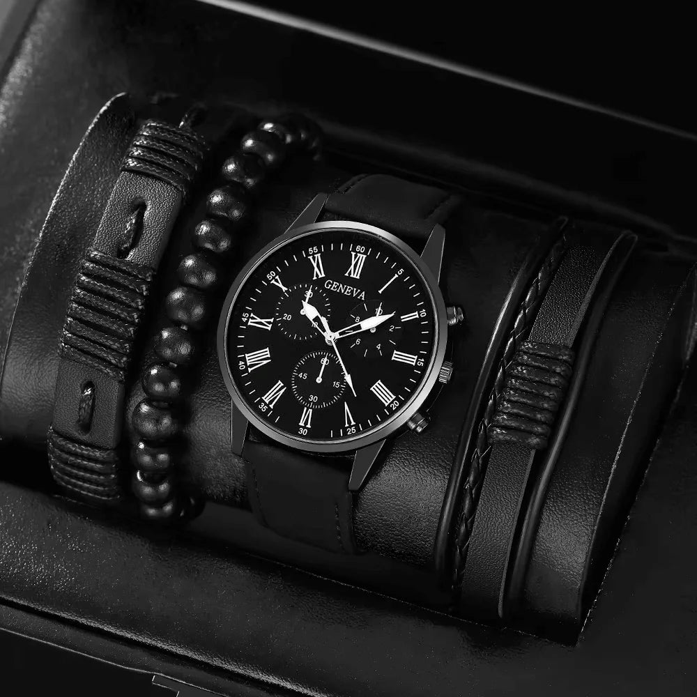 New Men Watch Luxury Bracelet Set Fashion Business Brown Leather Quartz Wrist Watches for Men Gift Set Relogio Masculino