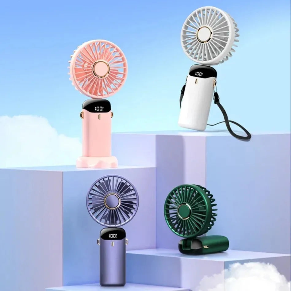 Handheld Mini Fan 3000mAh Foldable Portable Desk Outdoor Neck Hanging 5 Speed USB Rechargeable Fan Phone Stand Display Screen
