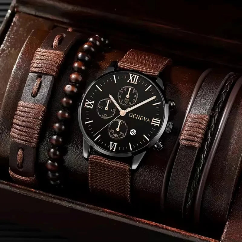 New Men Watch Luxury Bracelet Set Fashion Business Brown Leather Quartz Wrist Watches for Men Gift Set Relogio Masculino