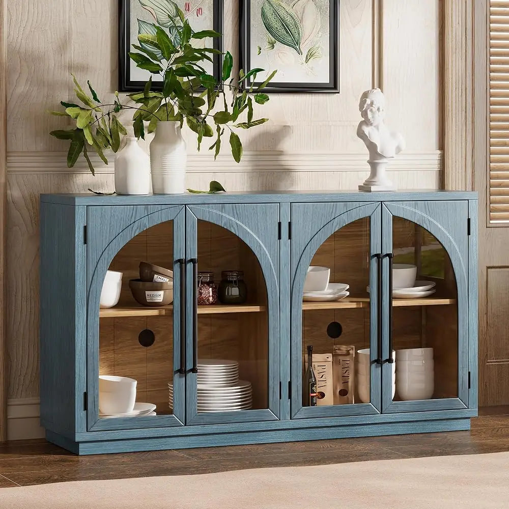 60"" Modern Accent Cabinet With Glass Doors, Sideboard Buffet Cabinet With Storag, Wood Coffee Bar Cabinet Buffet Table For